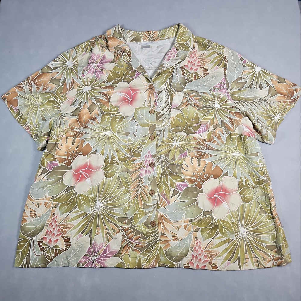 August Silk Womens Tropical Floral Button Up Short Sleeve Shirt Size 2X